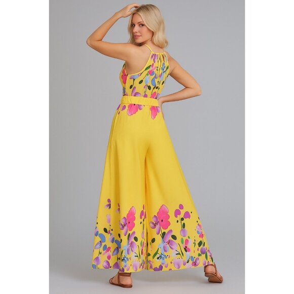 Boho Split Sides Floral Wide Leg Jumpsuit Yellow - Picture 2 of 4